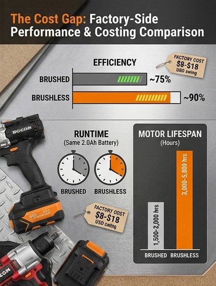 Comparison chart of brushed vs brushless cordless drill performance metrics- efficiency percentage, battery runtime, and motor lifespan