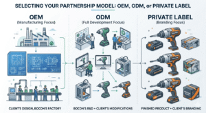 Comparison diagram of OEM, ODM, and private label manufacturing models for power tools