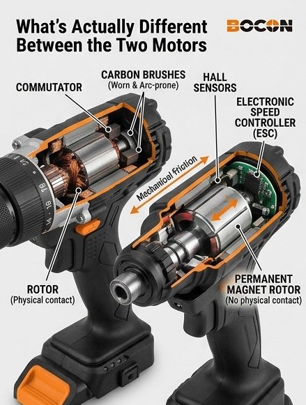 Cutaway diagram showing internal components of a brushed motor versus a brushless motor in a cordless drill