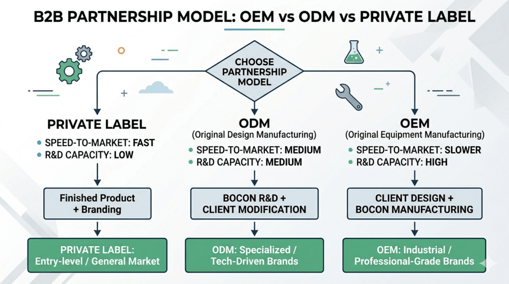 Decision flowchart for choosing between OEM, ODM, and private label for power tool brands