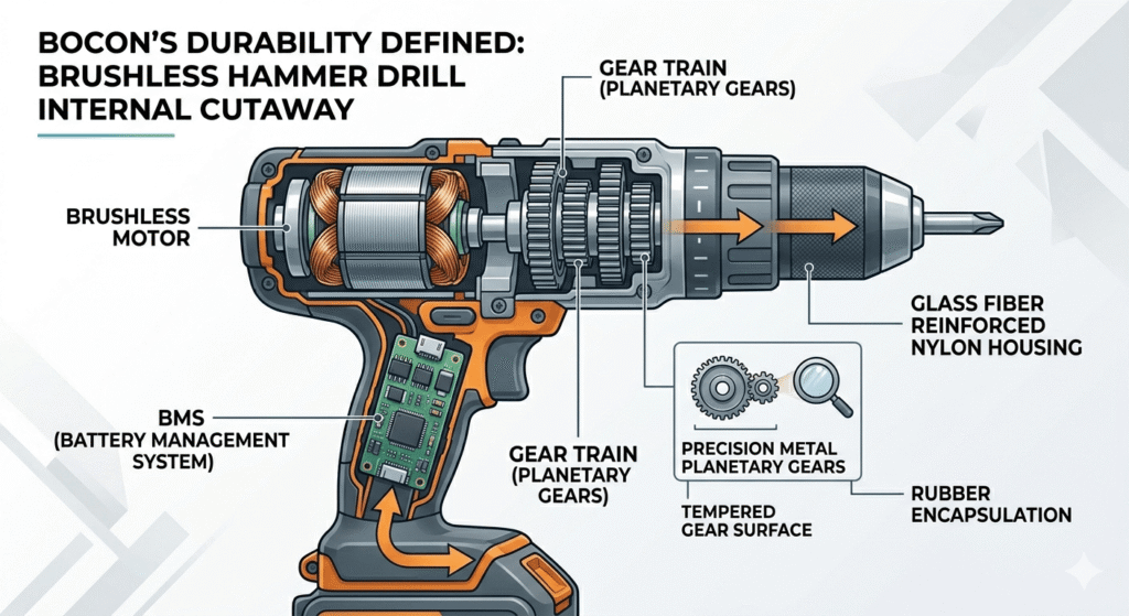 Internal components of a brushless battery hammer drill including BMS and planetary gear system