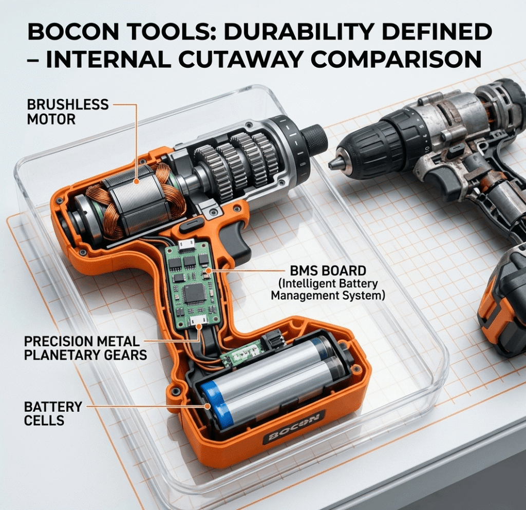 Internal components of an ODM brushless cordless drill including BMS, brushless motor, and planetary gear system