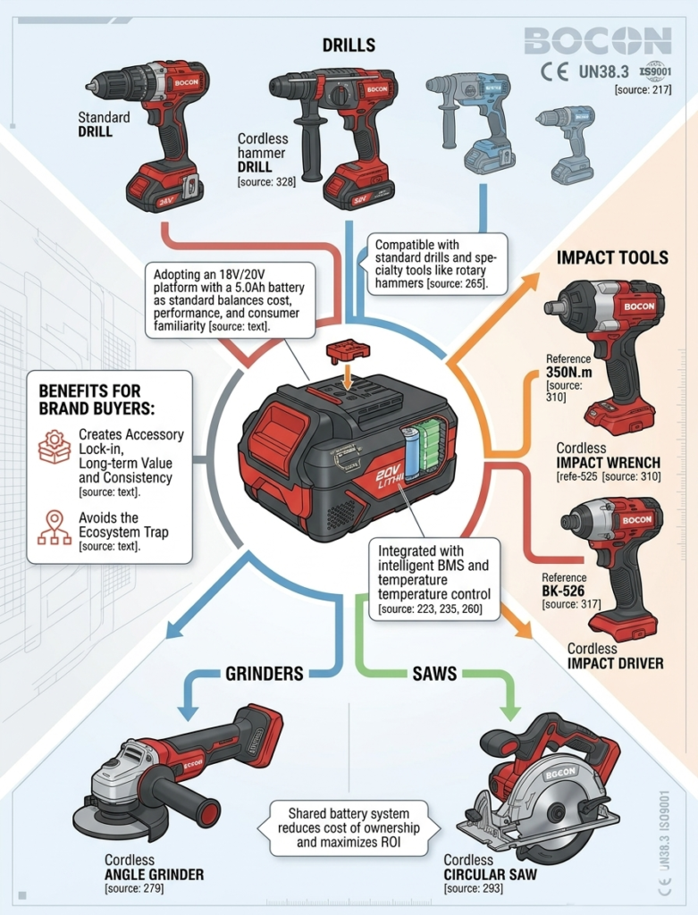18V cordless power tool battery platform ecosystem showing cross-tool compatibility for cordless drills, impact wrenches, angle grinders, and circular saws