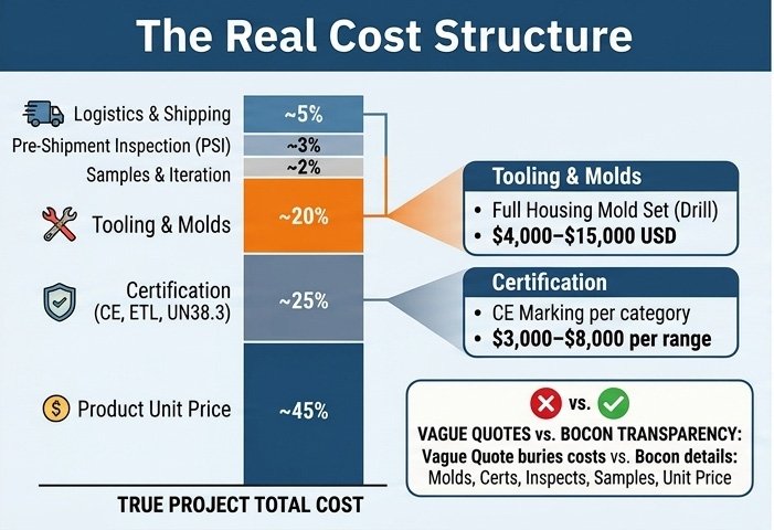 Bar chart breaking down the true total cost of an OEM cordless power tool program beyond unit price, including tooling, certifications, samples, and inspection fees