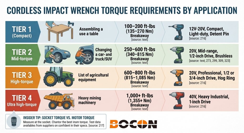 Cordless impact wrench torque requirements chart by application — from furniture assembly to heavy industrial use