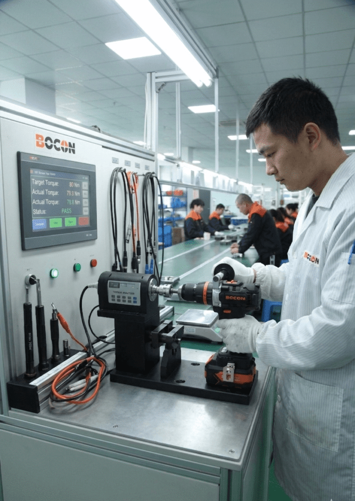 Factory QC technician performing torque test on cordless drill at Bocon power tools manufacturing facility in Wuxi, China