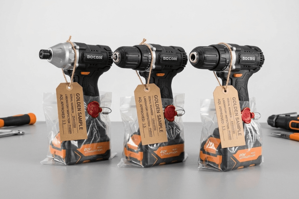 Golden sample documentation for private label power tools quality control — sealed reference units for factory and brand owner