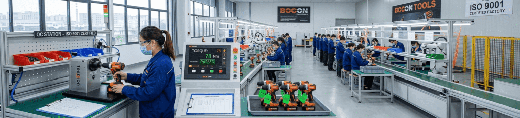 Power tools production line at Bocon factory in Wuxi, China — quality control and assembly process