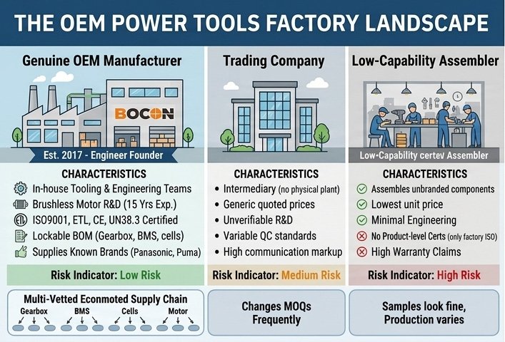 Diagram comparing three types of Chinese power tool factories: genuine OEM manufacturers, trading companies, and low-capability assembly operations, with key differentiators