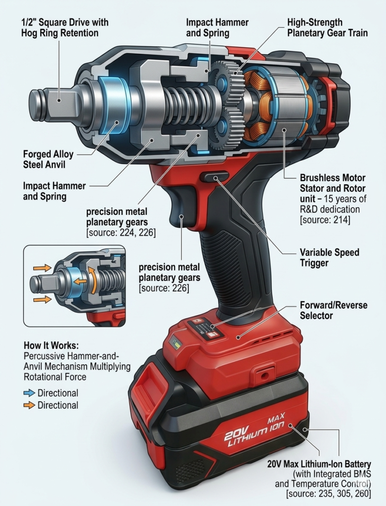 Internal mechanism of a cordless impact wrench showing hammer-anvil impact system, brushless motor, and planetary gear train