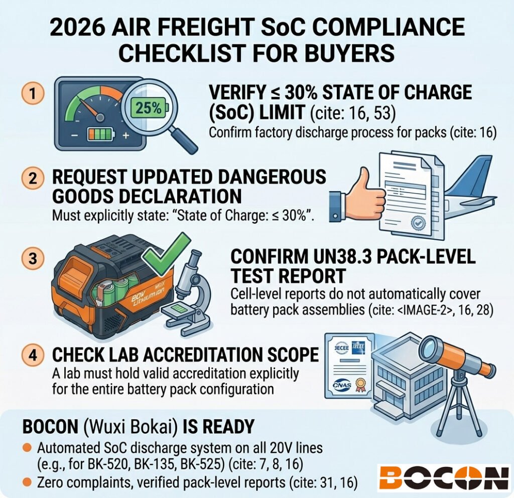 2026 IATA DGR compliance checklist for buyers: verify 30% state of charge limit, request updated dangerous goods declaration, confirm UN38.3 pack-level test report, check lab accreditation scope