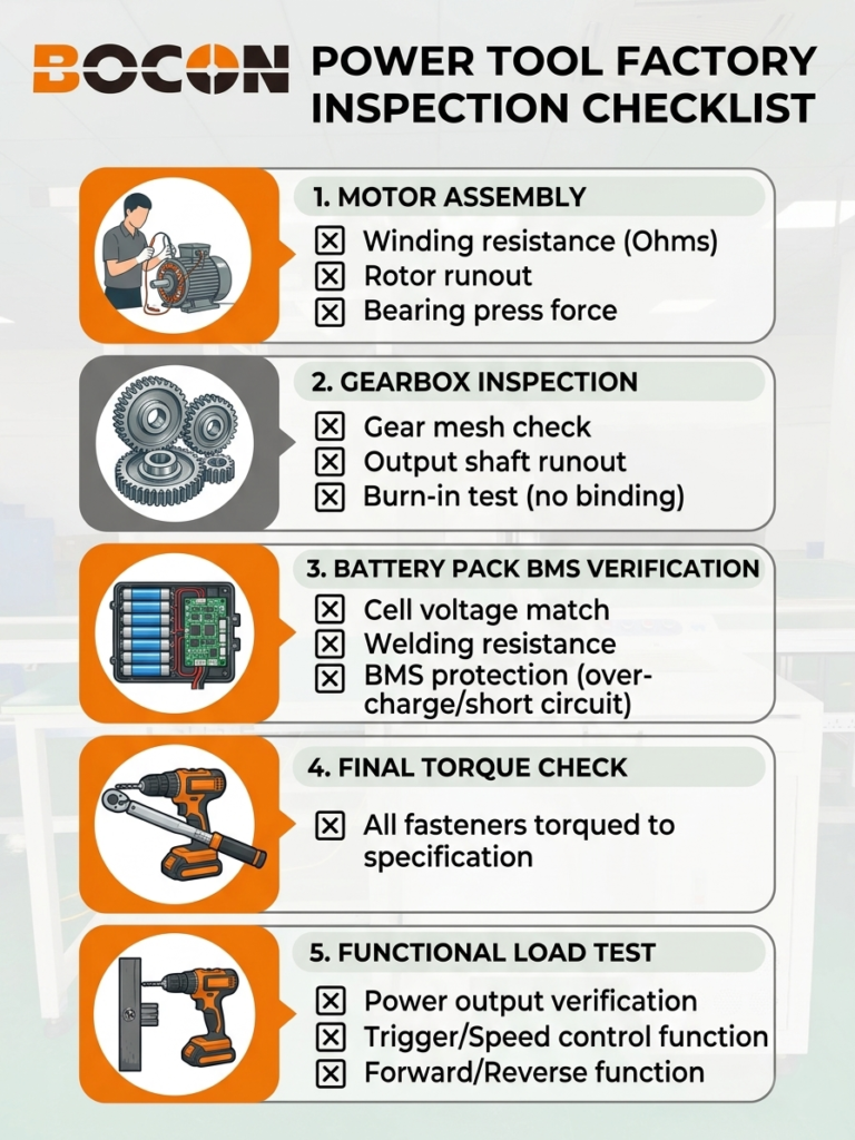 Factory inspection checklist for power tools showing key checkpoints: motor assembly, gearbox inspection, battery pack BMS verification, final torque check, and functional load testing