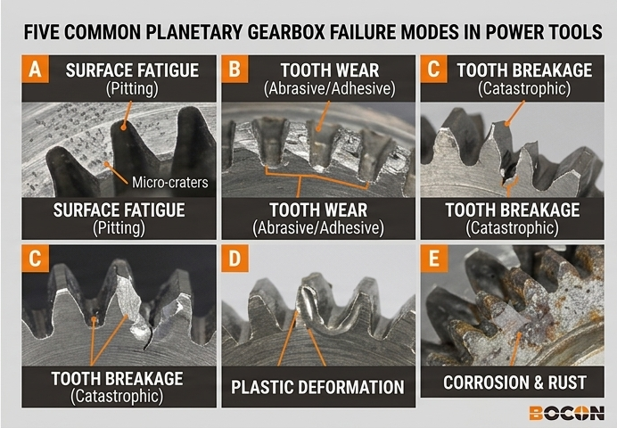 Visual guide showing five common planetary gearbox failure modes in power tools: pitting, spalling, tooth wear, tooth breakage, and plastic deformation