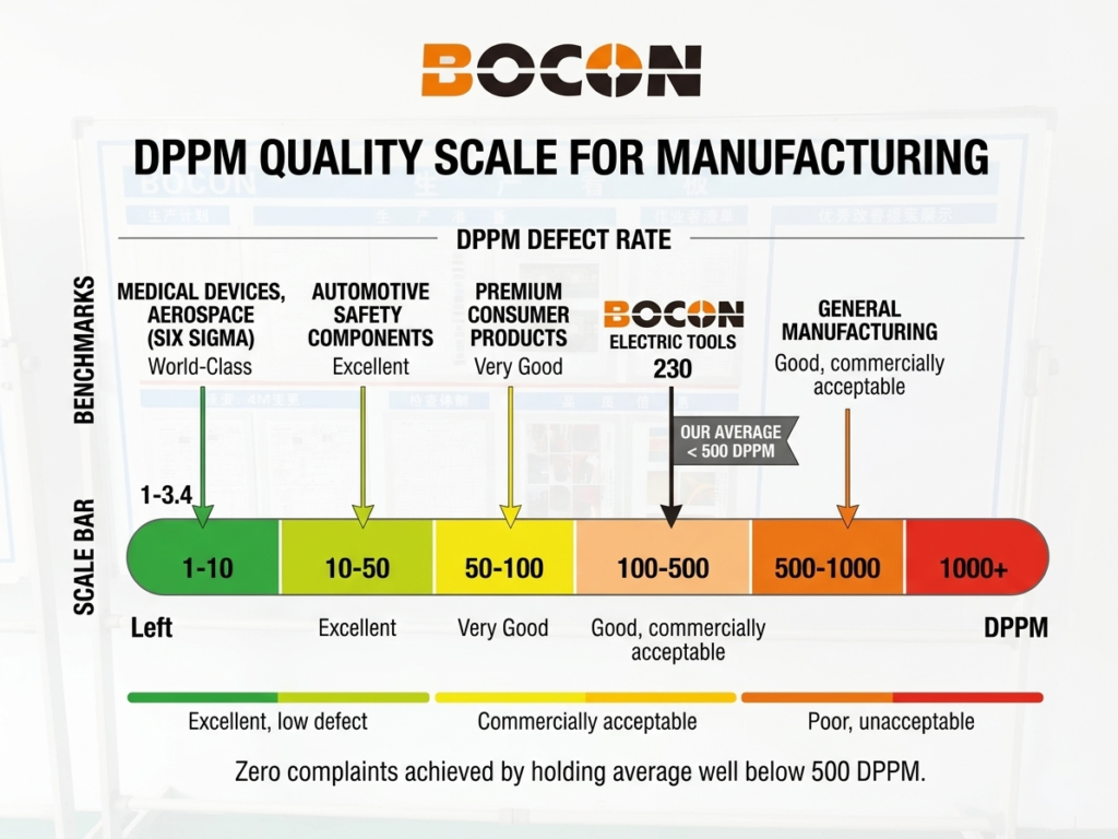 Manufacturing quality scale showing DPPM defect rates from world-class (1-10 DPPM) to unacceptable (1000+ DPPM), with industry benchmarks for medical devices, automotive, and general manufacturing