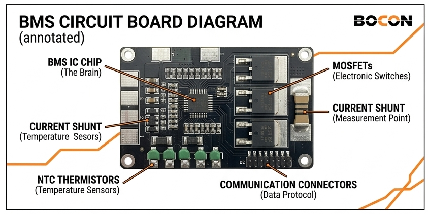 Annotated diagram of a battery management system (BMS) circuit board for cordless power tools showing BMS IC, MOSFETs, current shunt, and NTC temperature sensors