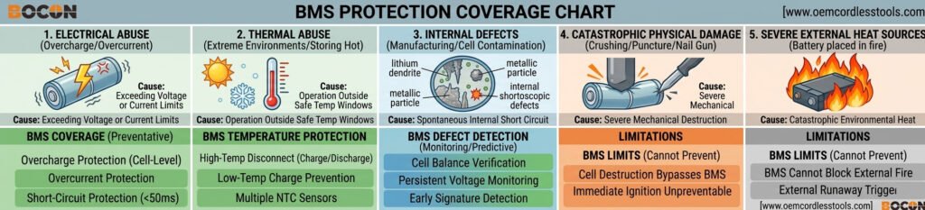 Battery Management System BMS protection coverage chart mapping five root causes of lithium-ion battery fires to their corresponding BMS protection functions including overcharge, overcurrent, temperature monitoring, and cell balancing