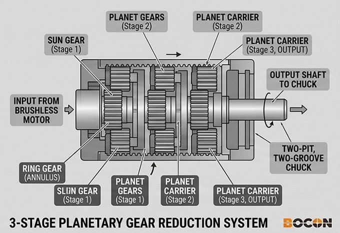 Cross-section diagram showing sun gear, planet gears, and annulus in a three-stage planetary gearbox for cordless power tools