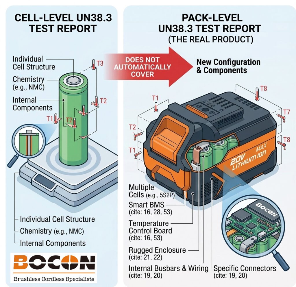Diagram showing why cell-level UN38.3 reports do not automatically cover battery pack assemblies — illustrating the differences in cells, BMS, enclosure, and connectors that change the tested product