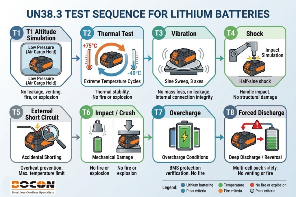 he eight UN38.3 battery transport tests T1 through T8: altitude simulation, thermal cycling, vibration, shock, short circuit, impact, overcharge, and forced discharge — shown in sequence