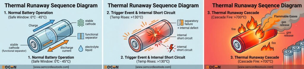 three-stage thermal runaway sequence diagram showing how an internal short circuit in a lithium-ion battery cell triggers temperature rise, gas release, and thermal runaway fire