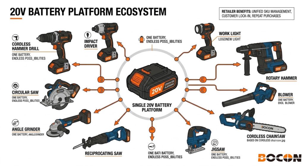 20V cordless tool battery platform ecosystem powering multiple tool types for retailers