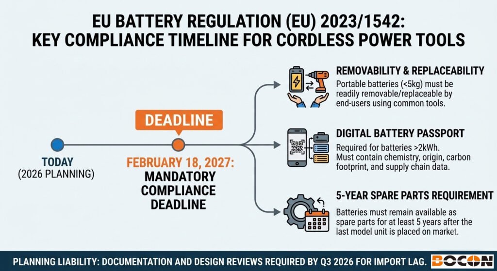 EU Battery Regulation 2027 key compliance deadlines for cordless power tool importers