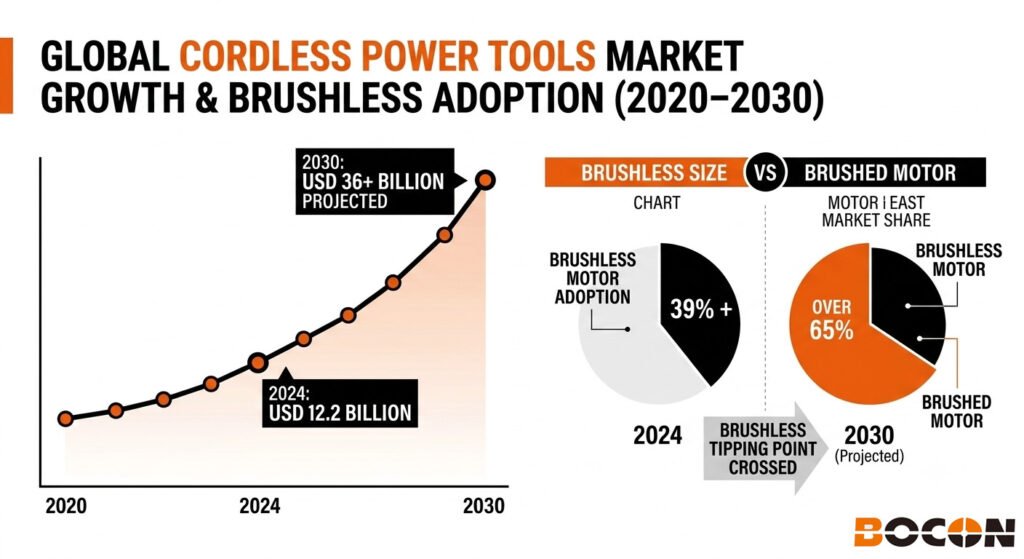 Global cordless power tools market growth and brushless motor adoption rate 2020 to 2030