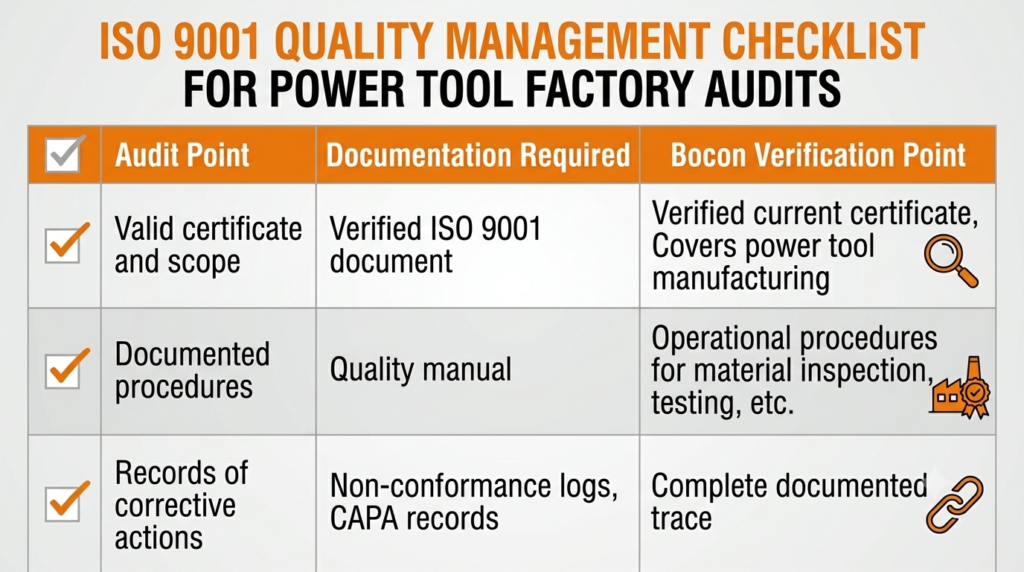 ISO 9001 quality management checklist for power tool factory audits