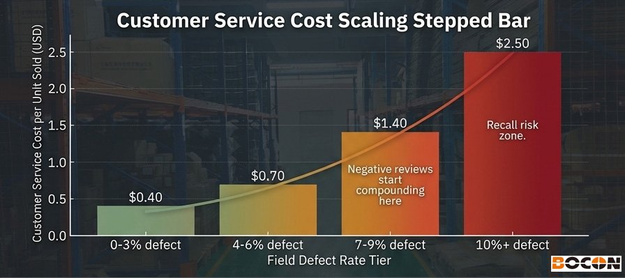 Bar chart showing customer service cost per unit rising from $0.40 at 0–3% defect rate to $2.50 at 10%+ defect rate, with recall risk flagged at the top tier.