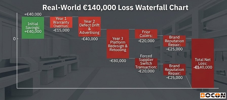 Waterfall chart showing how €40,000 in unit-price savings turned into a €140,000 net loss over three years, with warranty drift, advertising costs, and platform redesign as the largest contributors.