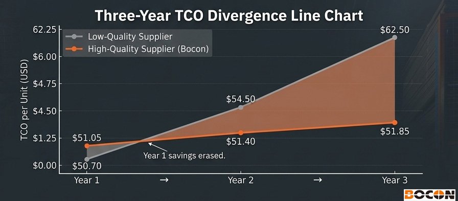 Line chart showing three-year TCO per unit for low-quality vs high-quality power tool OEM suppliers, with the low-quality line climbing from $50.70 to $62.50 and the high-quality line staying flat near $51.