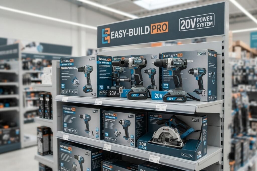 A clean European retail warehouse shelf or store aisle displaying a professional private label cordless tool product line