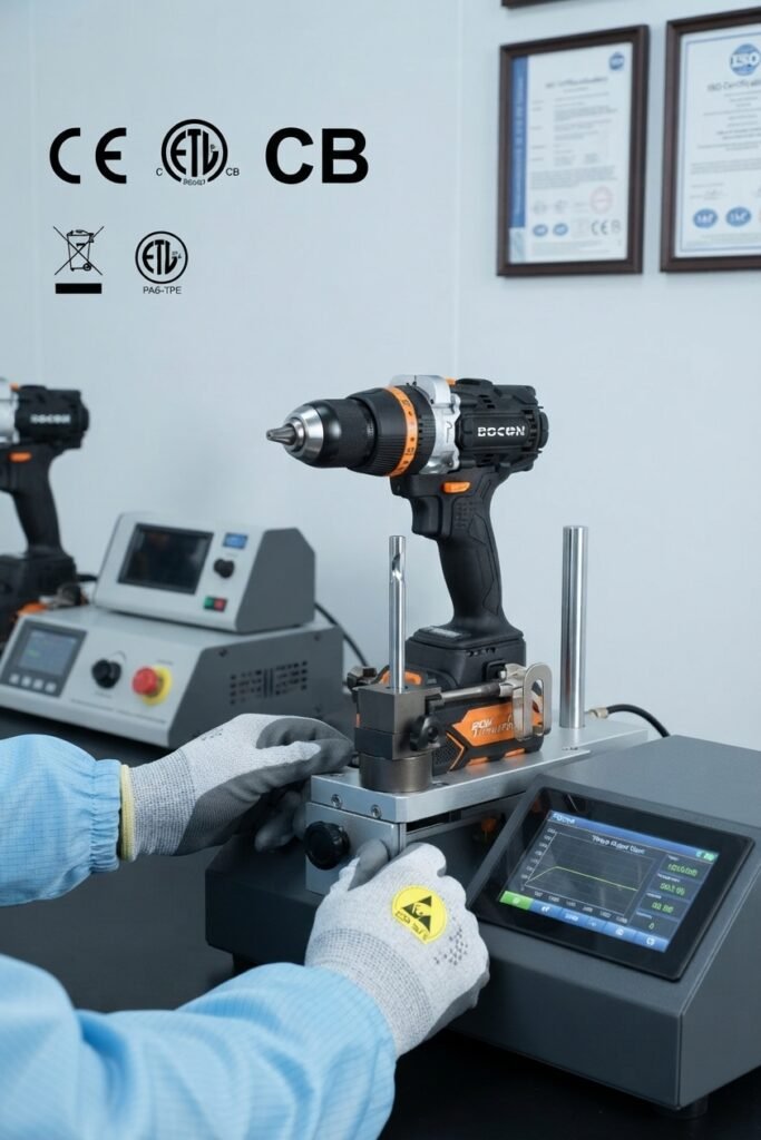A close-up, professional shot of a technician performing strict quality control or precision torque testing on a brushless cordless drill