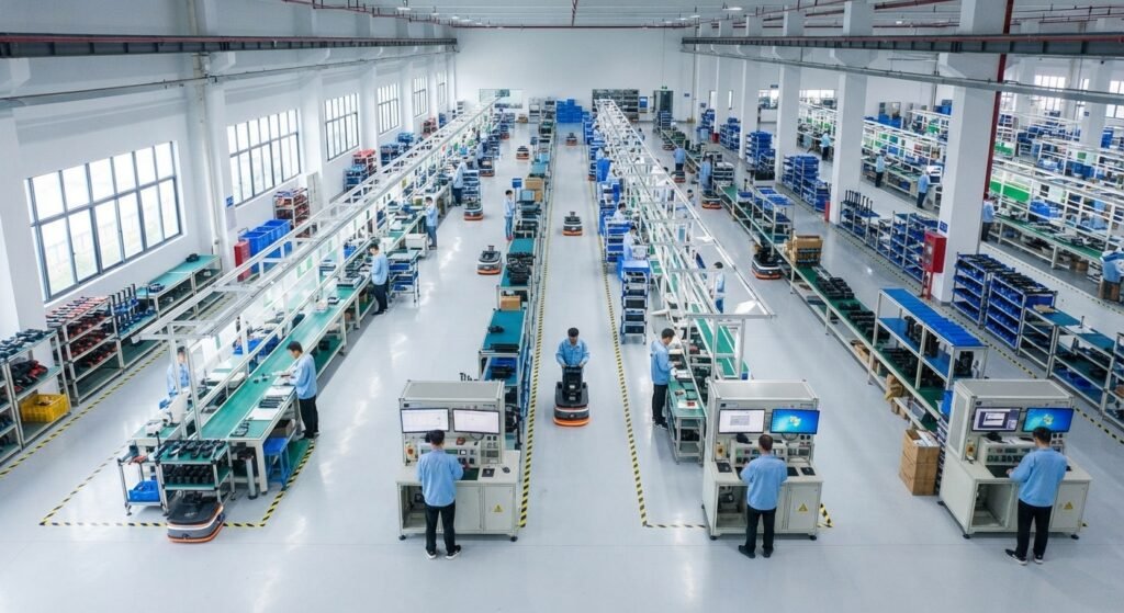 An aerial or wide-angle drone view of a clean, modern cordless power tool assembly plant in China