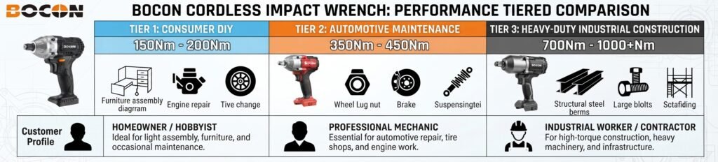 Cordless impact wrench torque tiers for European market — from consumer to industrial applications