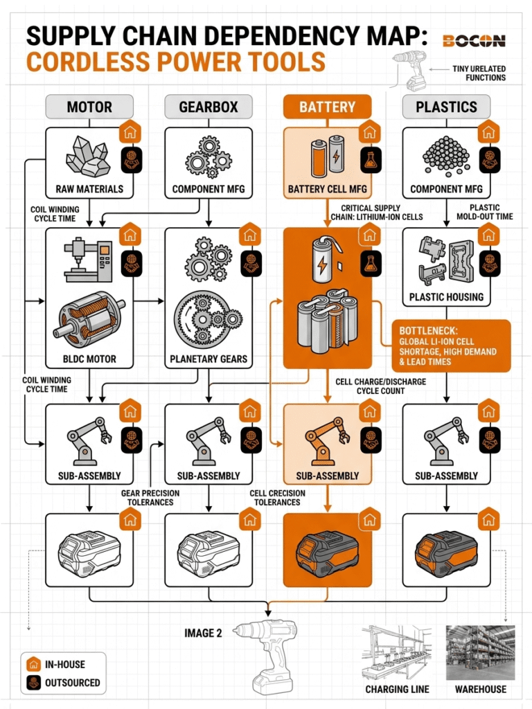 Cordless power tool factory supply chain dependency map: identifying production capacity bottlenecks before placing orders