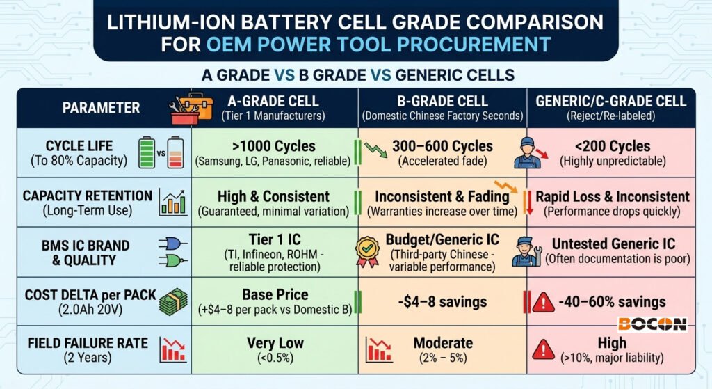 Lithium-ion battery cell grade comparison for OEM power tool procurement — A grade vs B grade vs generic cells