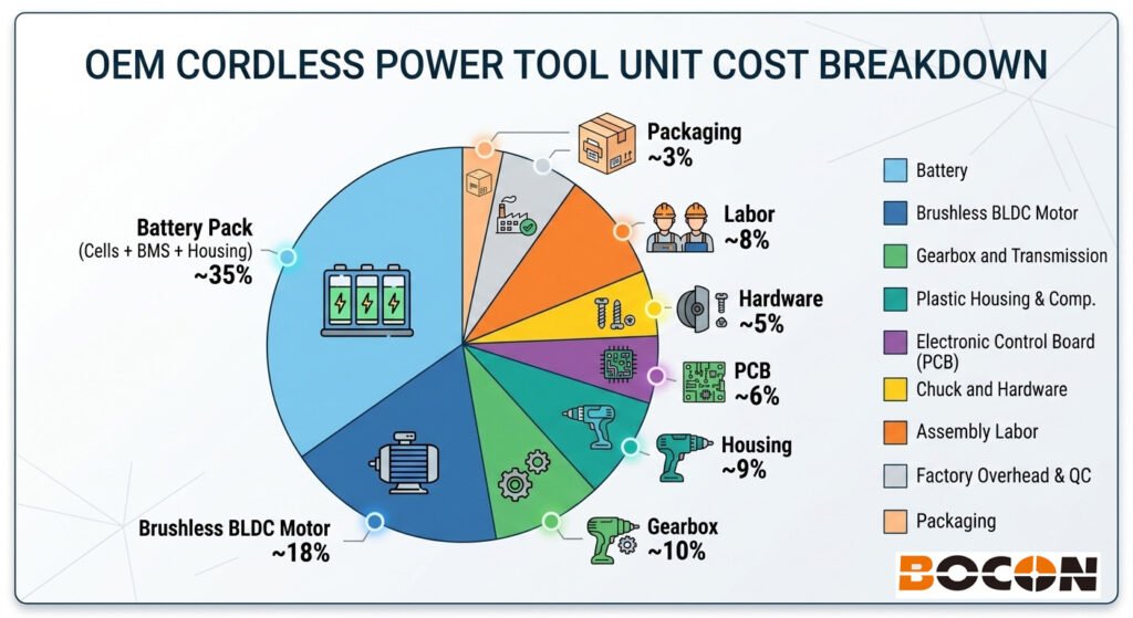 OEM cordless power tool unit cost breakdown showing battery, motor, gearbox, and other components as percentage of total cost