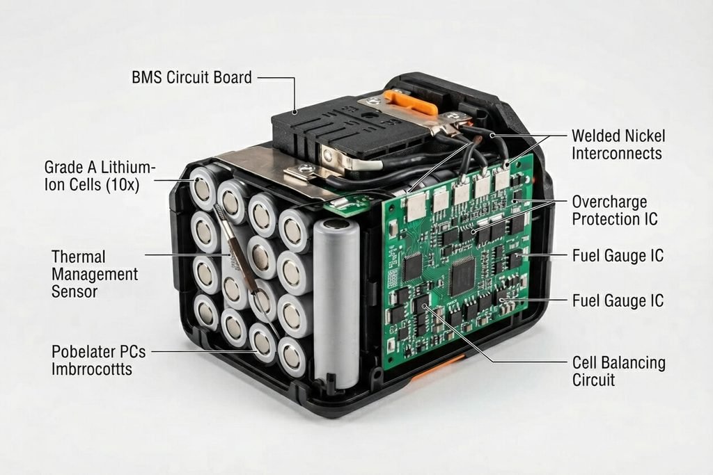 Cutaway diagram of a Bocon 20V 4.0Ah lithium-ion power tool battery pack showing Grade A cells, BMS circuit board, and thermal management sensor.