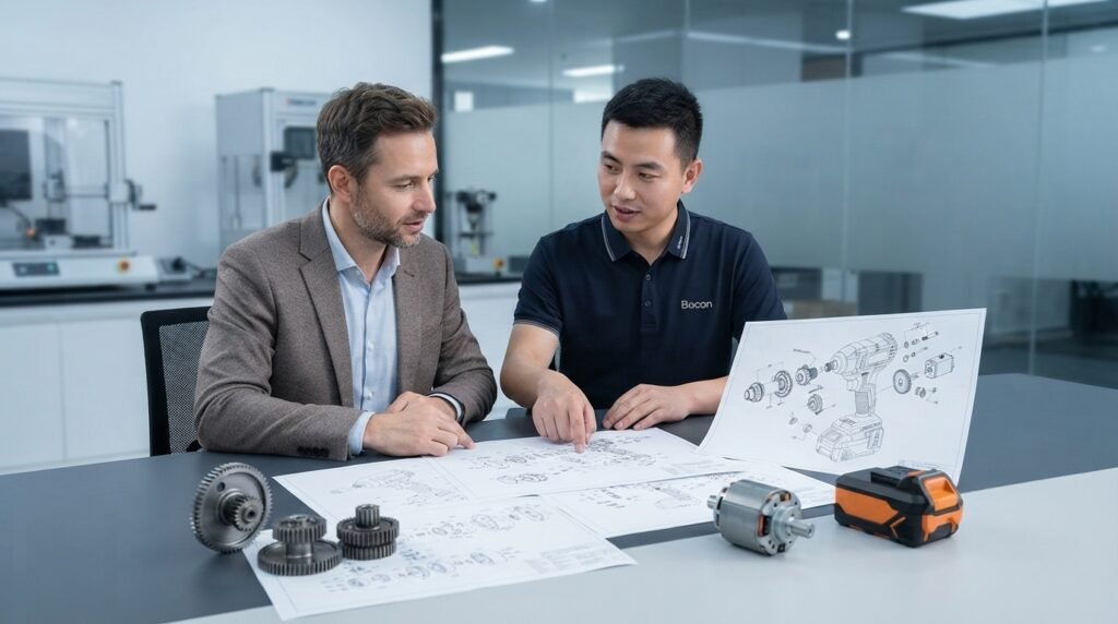 European retail buyer reviewing technical specifications and exploded-view CAD drawings with a Bocon factory engineer in a Wuxi cordless tool R&D center.