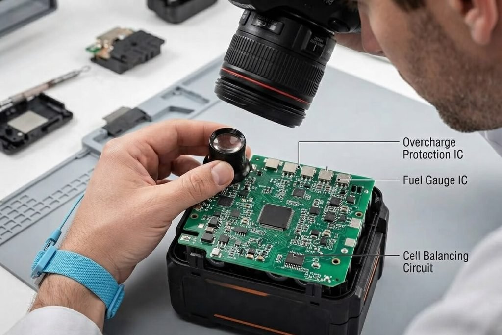 Quality control engineer inspecting a power tool battery pack BMS circuit board at the Bocon manufacturing facility in Wuxi, China.
