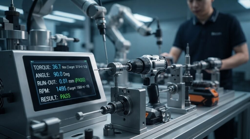 Macro close-up of professional quality inspection equipment measuring torque and precision metrics on a Bocon brushless cordless drill assembly line.