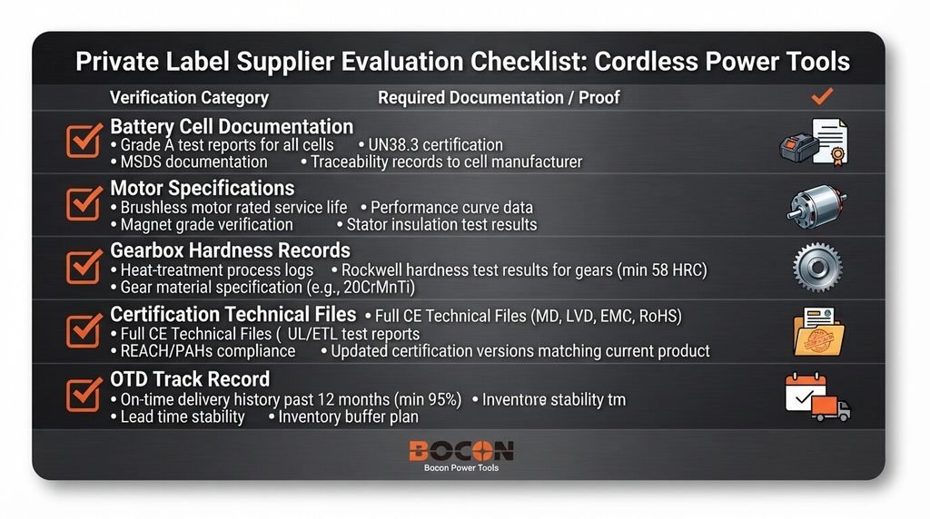 Private label power tool supplier evaluation checklist for European and Australian retailers — covering battery cell documentation, motor specs, heat-treatment records, CE certification files, and on-time delivery verification.