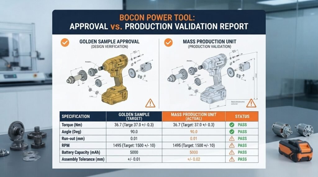 Side-by-side technical comparison infographic showing approval golden sample versus mass production unit specifications for Bocon power tools.