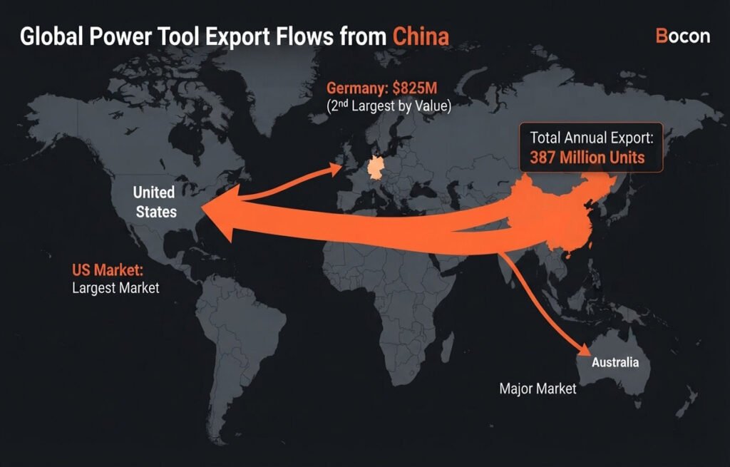 World map showing China's power tool export flows — 387 million units exported annually, with Germany as the second-largest destination by value at $825M, illustrating China's dominance in global power tool supply.